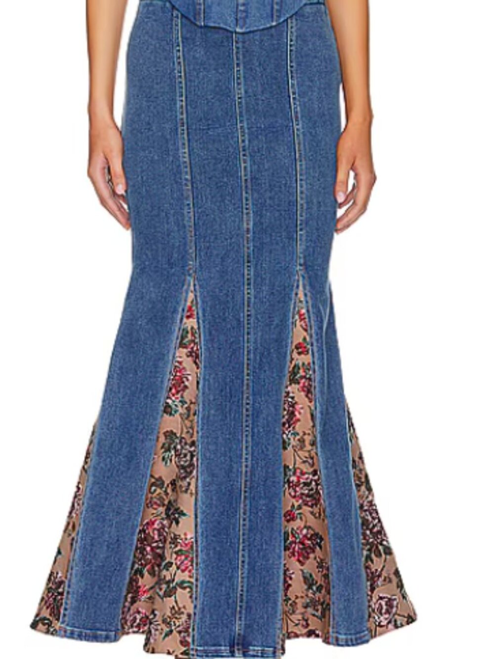 Majorelle Denim Maxi Skirt with Floral Details